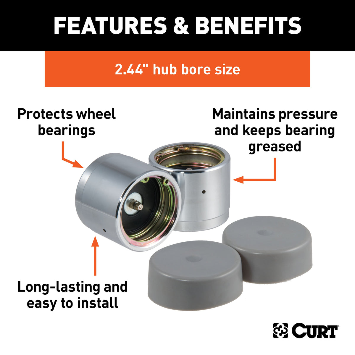 CURT 22244 2.44-Inch Trailer Wheel Bearing Protectors and Dust Covers, 2-Pack