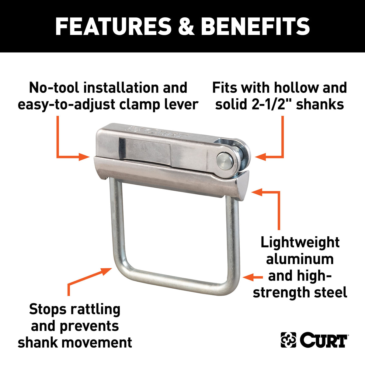 CURT 22320 No-Tool Anti-Rattle Hitch Clamp Tightener for 2-1/2-Inch Receiver, Hollow or Solid Shanks