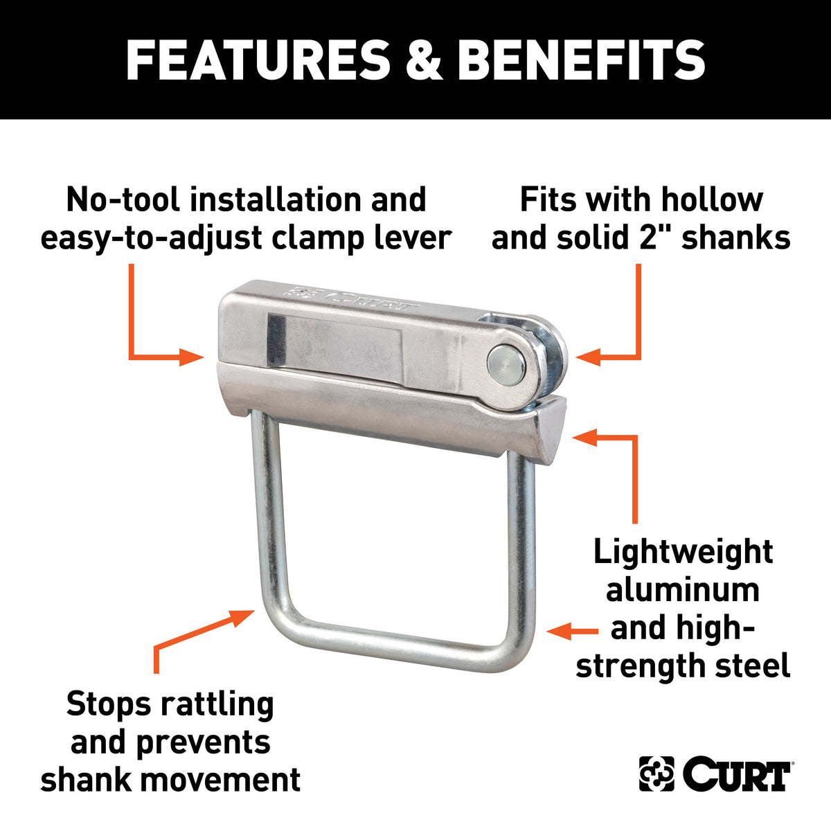 CURT 22325 No-Tool Anti-Rattle Hitch Clamp Tightener for 2-Inch Receiver, Hollow or Solid Shanks