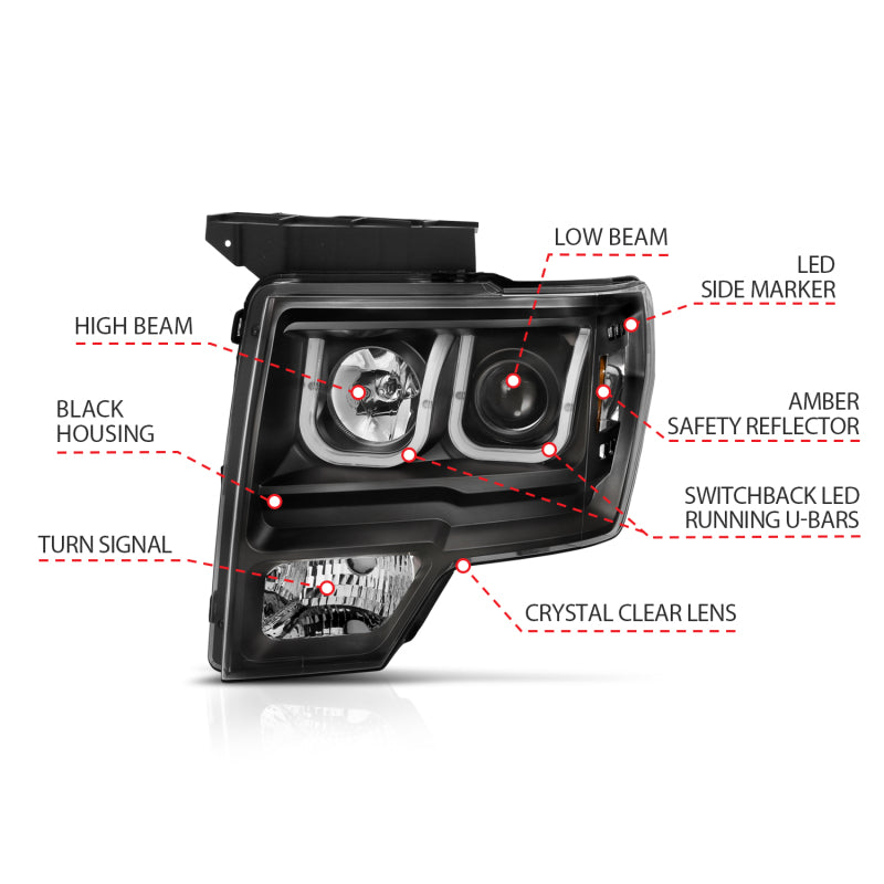 ANZO 2009-2014 Ford F-150 Projector Headlights w/ U-Bar Switchback Black w/ Amber - 111383