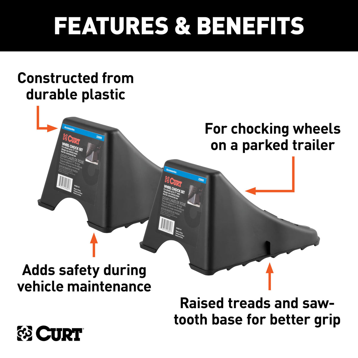 CURT 22800 Black Plastic Wheel Chocks, Vehicle, Trailer, Truck, RV, 2-Pack