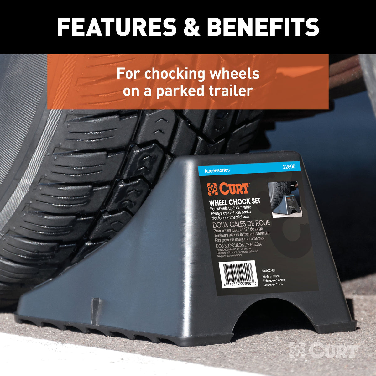 CURT 22800 Black Plastic Wheel Chocks, Vehicle, Trailer, Truck, RV, 2-Pack