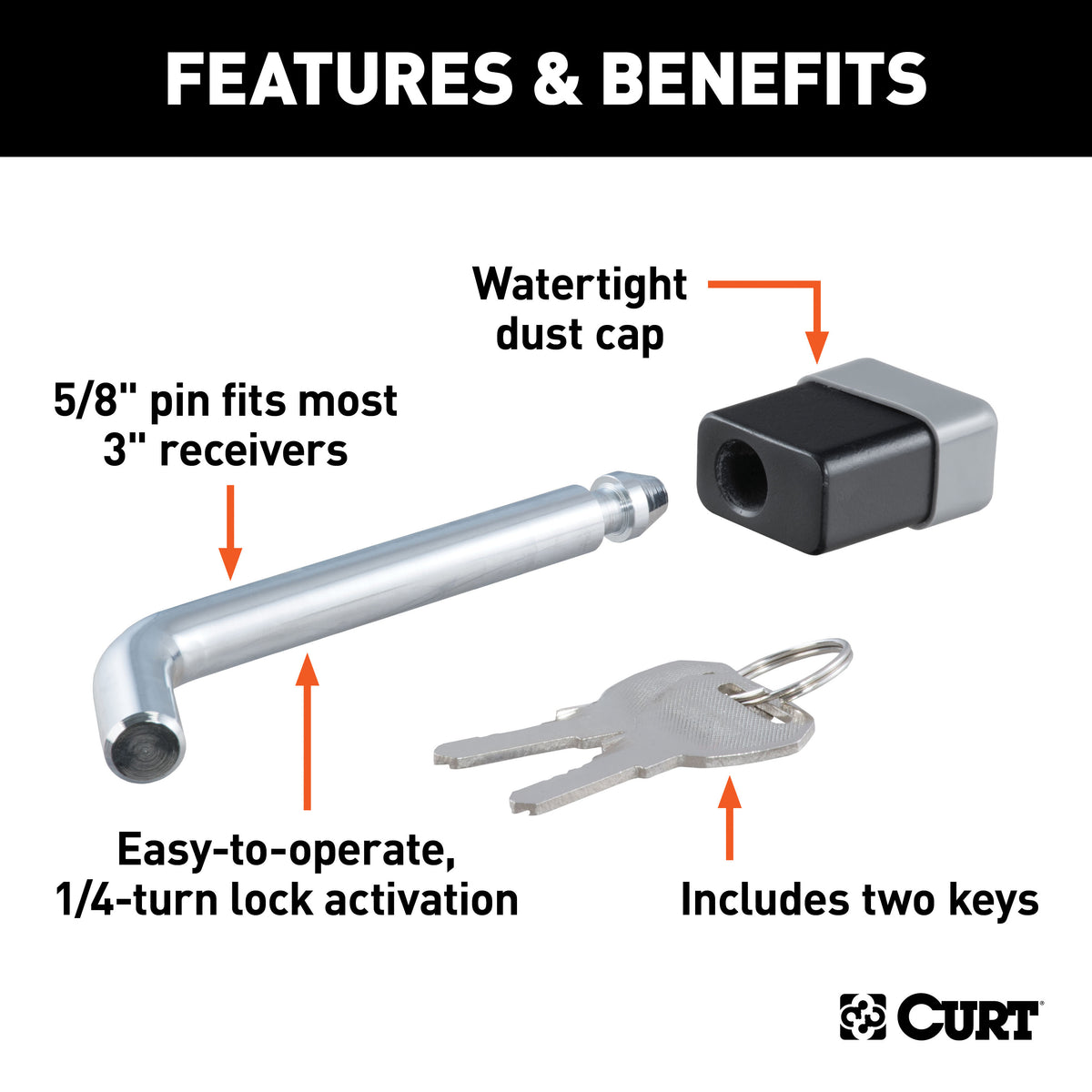 CURT 23021-KA Trailer Hitch Lock, 5/8-Inch Pin Diameter, Fits 2, 2-1/2 or 3-Inch Receiver, Keyed Alike