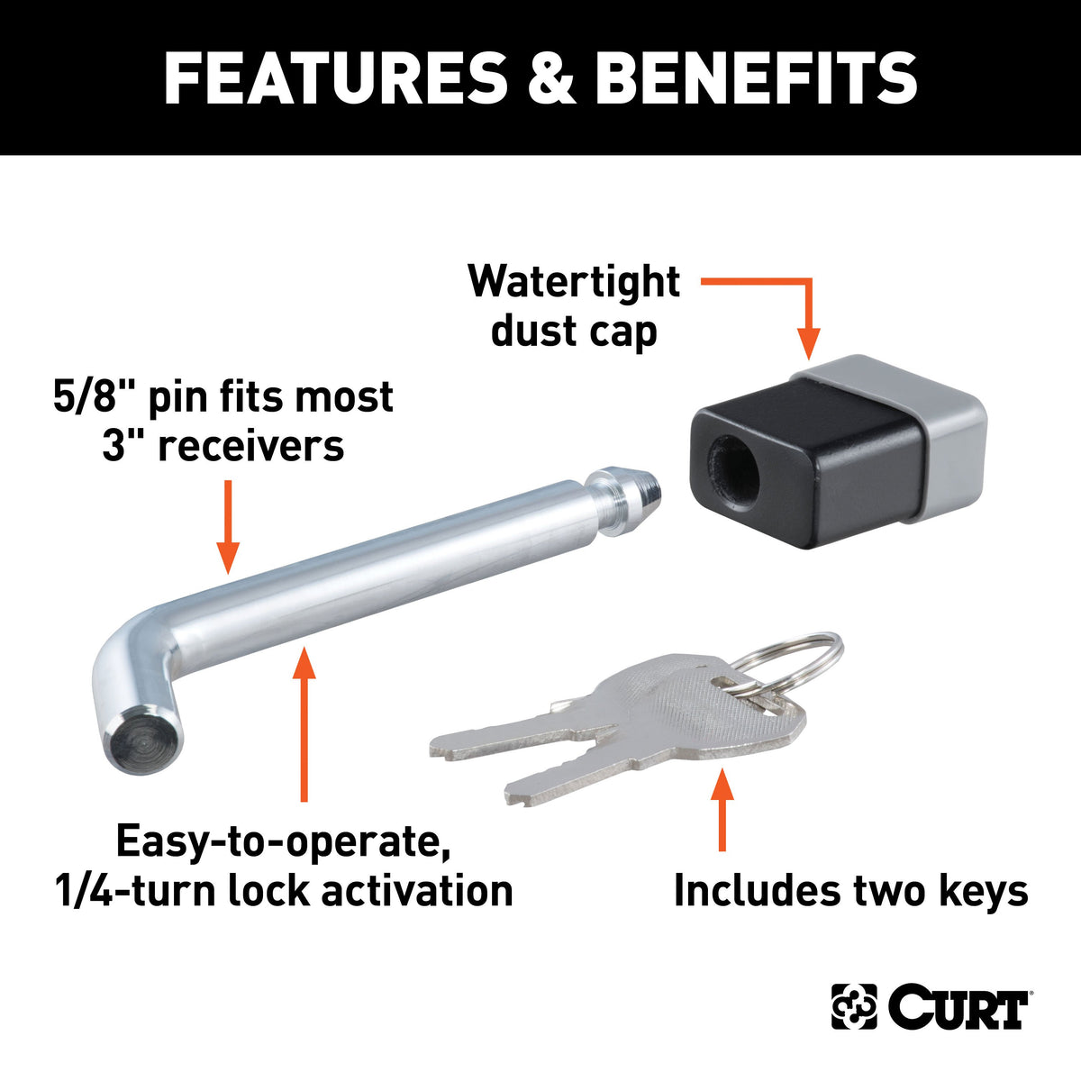 CURT 23021 Trailer Hitch Lock, 5/8-Inch Pin Diameter, Fits 2, 2-1/2 or 3-Inch Receiver