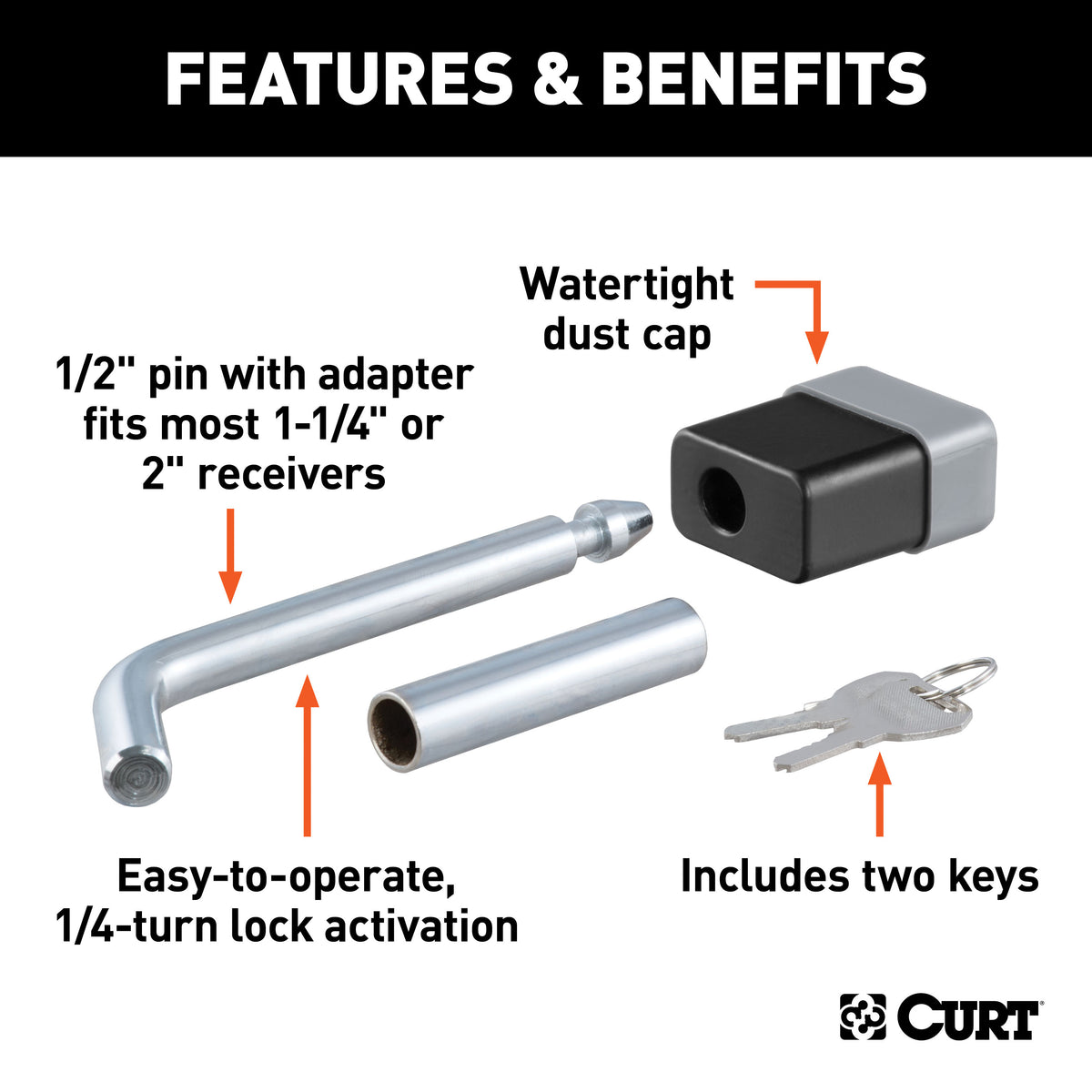CURT 23024 Trailer Hitch Lock, 1/2-Inch Pin Diameter, 5/8-Inch Adapter, Fits 1-1/4 or 2-Inch Receiver