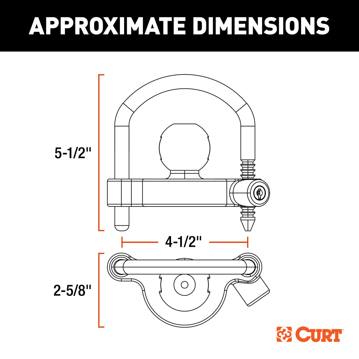 CURT 23090-KA Universal Trailer Coupler Lock, Bright Orange, Fits Couplers with 1-7/8", 2" or 2-5/16" Ball Diameter, Keyed Alike