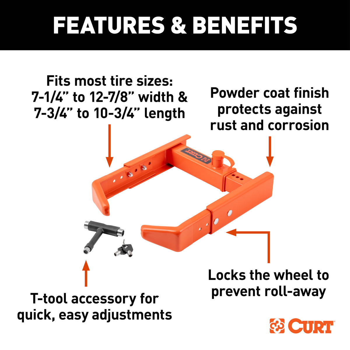 CURT 23176 Adjustable Trailer Wheel Lock, 16.5” x 6.5”-8 to 33" x 12-1/2"/R15