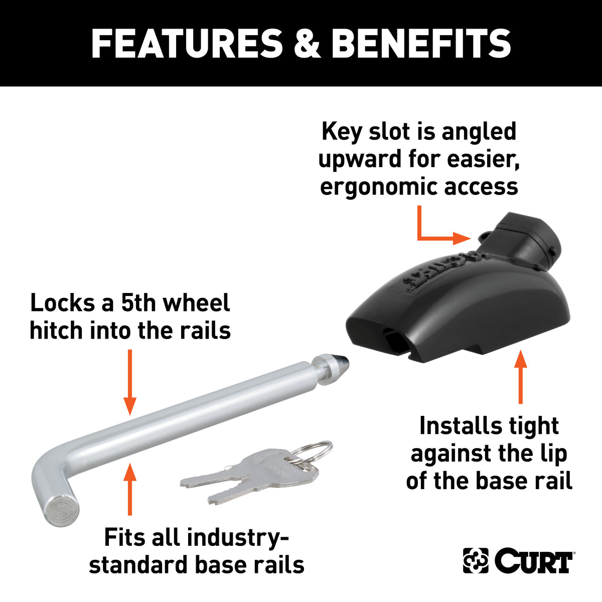 CURT 23256 5th Wheel Base Rail Lock, 1/2-Inch Pin Diameter, Fits All Industry-Standard Rails