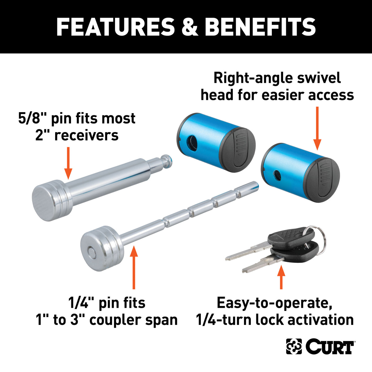 CURT 23505 Right-Angle Trailer Lock Set, 5/8-Inch Pin for 2-Inch Receiver, 1/4 x 3-Inch Coupler Span