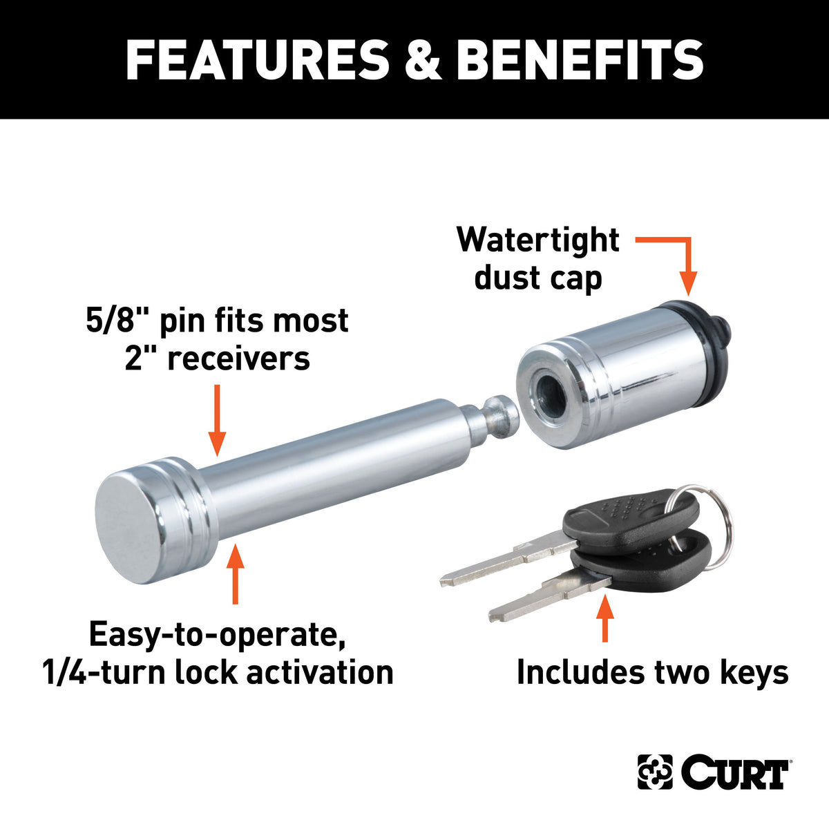 CURT 23515 Trailer Hitch Lock, 5/8-Inch Pin Diameter, Fits 2-Inch Receiver