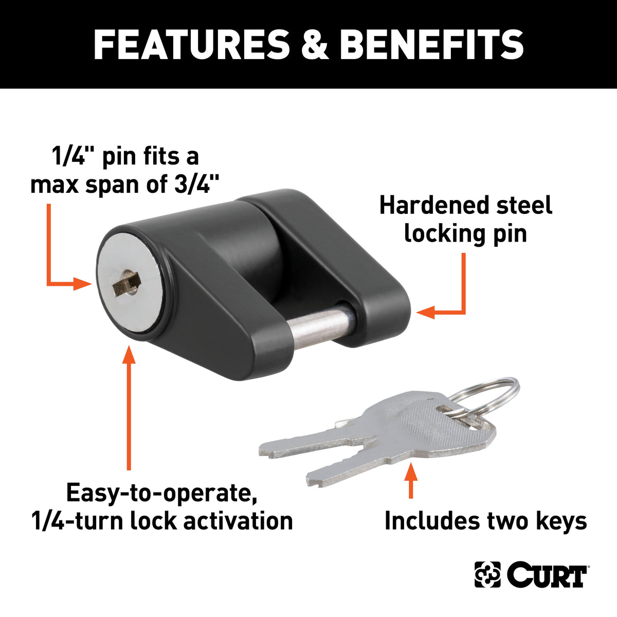 CURT 23521 Black Trailer Tongue Coupler Lock, 1/4-Inch Pin Diameter, Up to 3/4-Inch Span