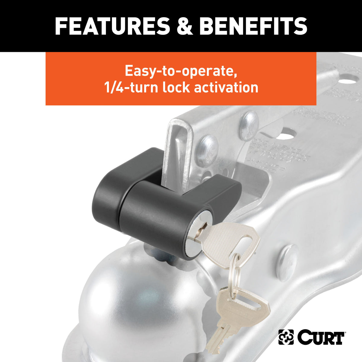 CURT 23521 Black Trailer Tongue Coupler Lock, 1/4-Inch Pin Diameter, Up to 3/4-Inch Span