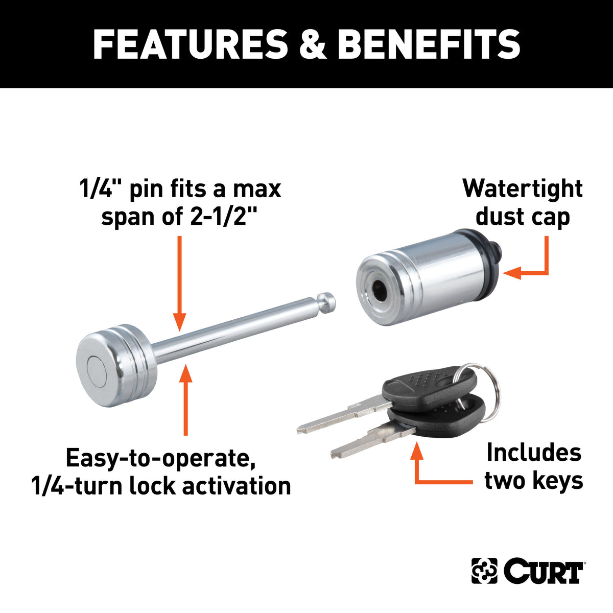 CURT 23522 Chrome Trailer Tongue Coupler Lock, 1/4-Inch Pin Diameter, Up to 2-1/2-Inch Span