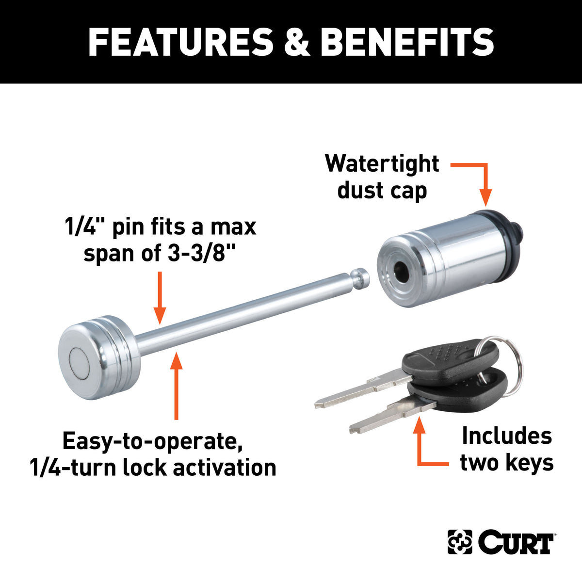 CURT 23523 Chrome Trailer Tongue Coupler Lock, 1/4-Inch Pin Diameter, Up to 3-3/8-Inch Span