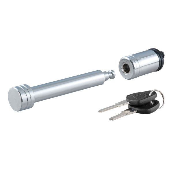CURT 23528 5/8" Trailer Hitch Lock — Barbell Style, Fits 2" & 2-1/2" Receivers, Chrome, 1/4-Turn Key Lock, Dust Cap, 2 Keys, 6" Overall Length