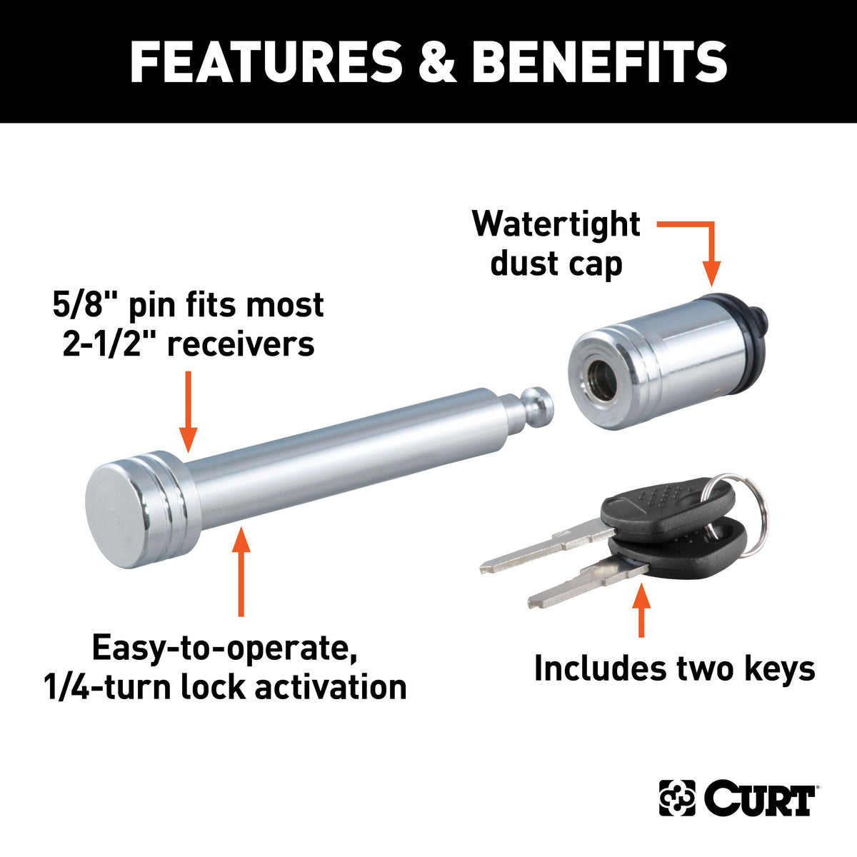CURT 23528 5/8" Trailer Hitch Lock — Barbell Style, Fits 2" & 2-1/2" Receivers, Chrome, 1/4-Turn Key Lock, Dust Cap, 2 Keys, 6" Overall Length