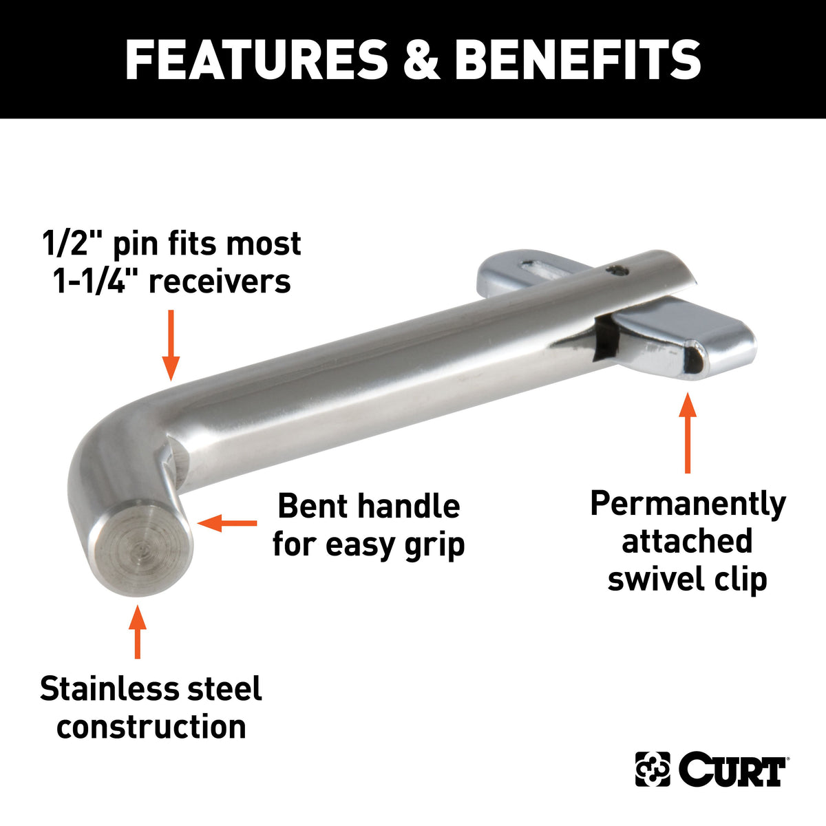 CURT 23581 Stainless Steel Swivel Trailer Hitch Pin, 1/2-Inch Diameter, Fits 1-1/4-Inch Receiver