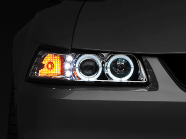 Raxiom 99-04 Ford Mustang Dual LED Halo Projector Headlights- Chrome Housing (Clear Lens) - 49114 for 1999-2004 Ford Mustang 