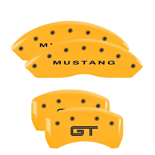 MGP 4 Caliper Covers Engraved Front Mustang - Engraved Rear S197/GT - Yellow Finish Blk Characters - 10197SMG2YL