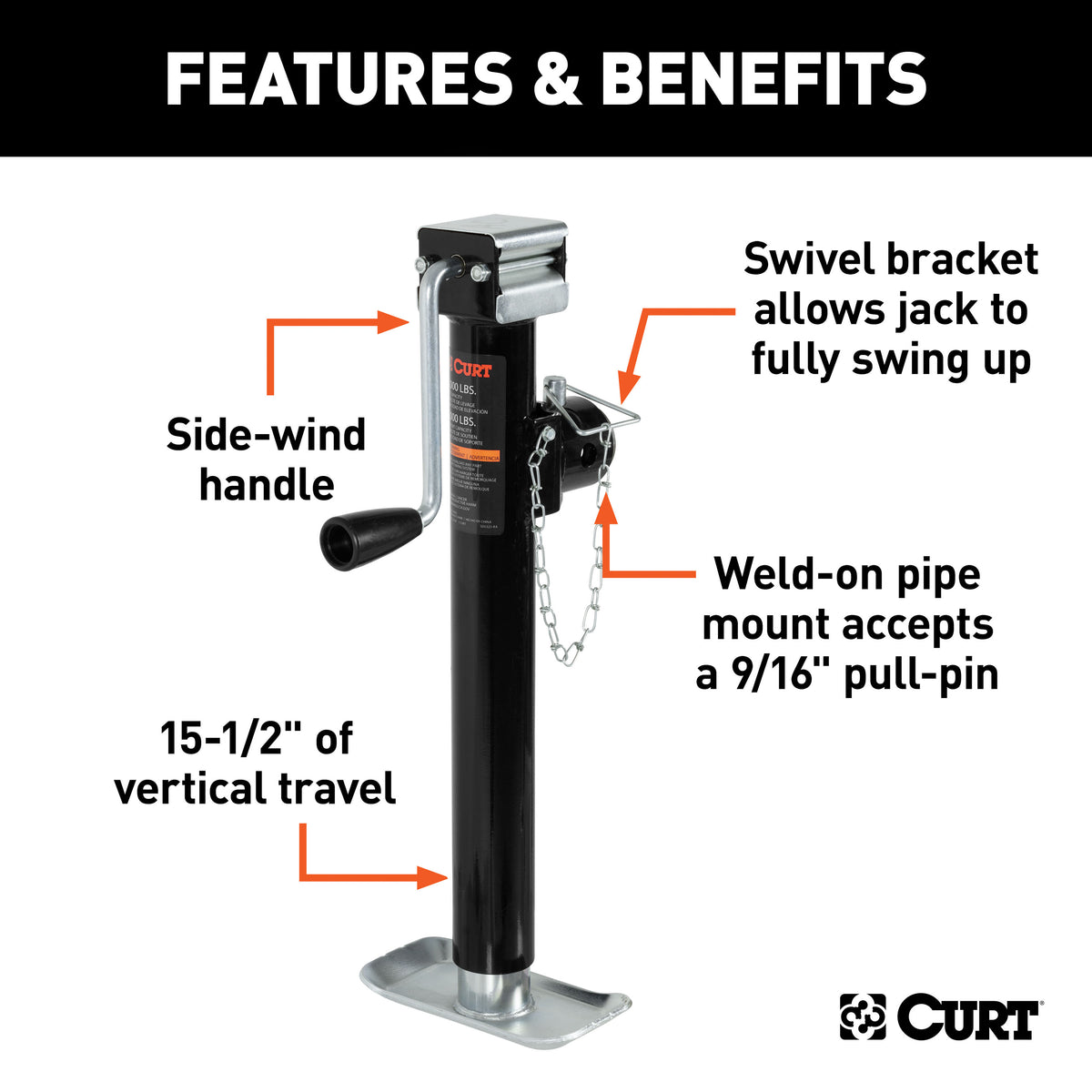 CURT 25005 Weld-On Pipe-Mount Swivel Trailer Tongue Jack, 5,000 lbs. Support Capacity, 15-1/2 Inches Vertical Travel