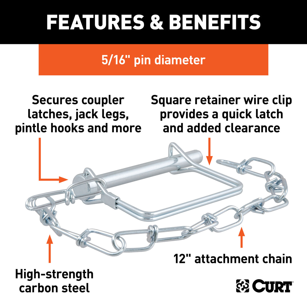 CURT 25034 Trailer Coupler Pin with 12-Inch Chain, 5/16-Inch Diameter x 3-Inch Long