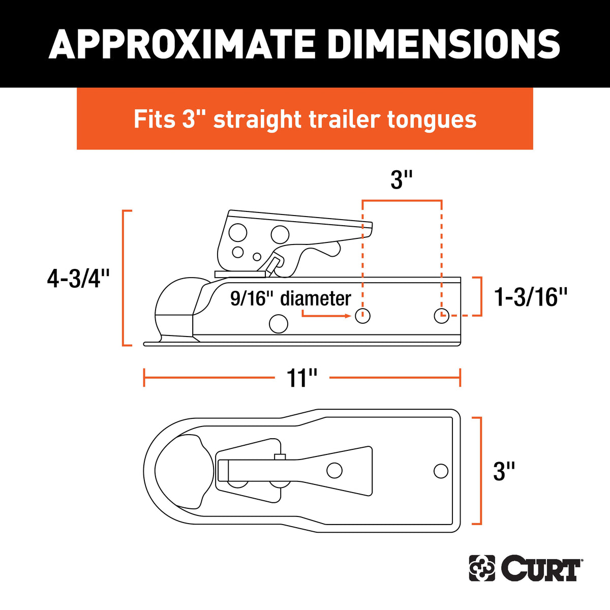 CURT 25100 Straight Tongue Trailer Coupler for 3-Inch Channel, 2-In Hitch Ball, 5,000 lbs