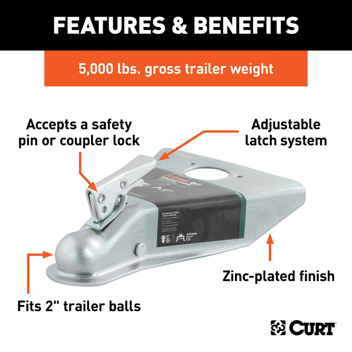 CURT 25101 A-Frame Trailer Coupler, 2-Inch Hitch Ball, 5,000 lbs