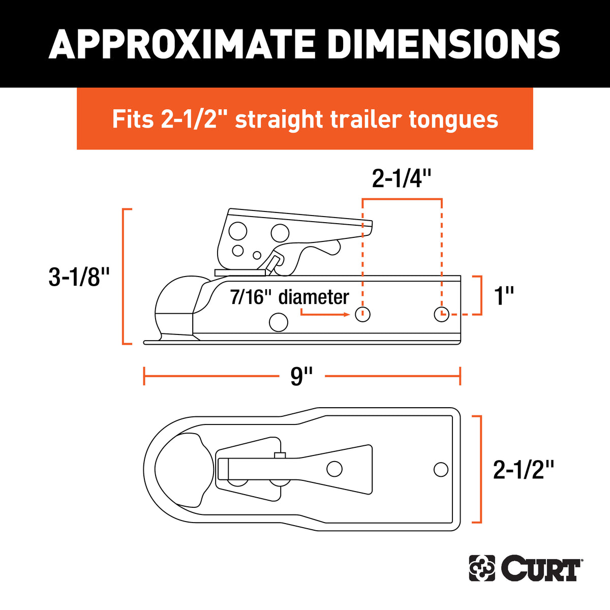 CURT 25105 Straight Tongue Trailer Coupler for 2-1/2-Inch Channel, 1-7/8-In Hitch Ball, 2,000 lbs