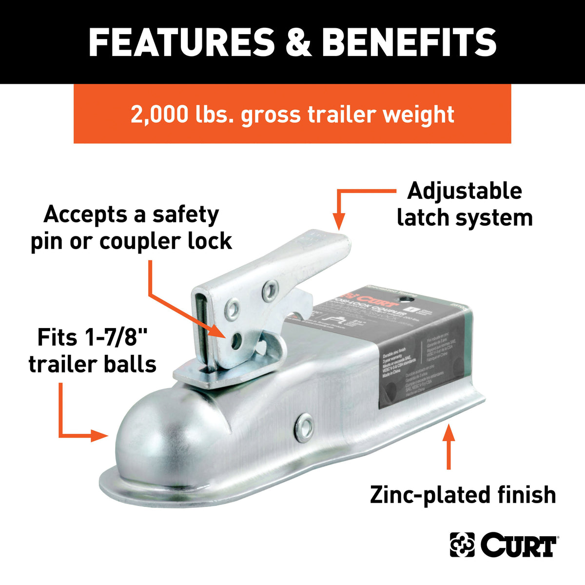 CURT 25105 Straight Tongue Trailer Coupler for 2-1/2-Inch Channel, 1-7/8-In Hitch Ball, 2,000 lbs