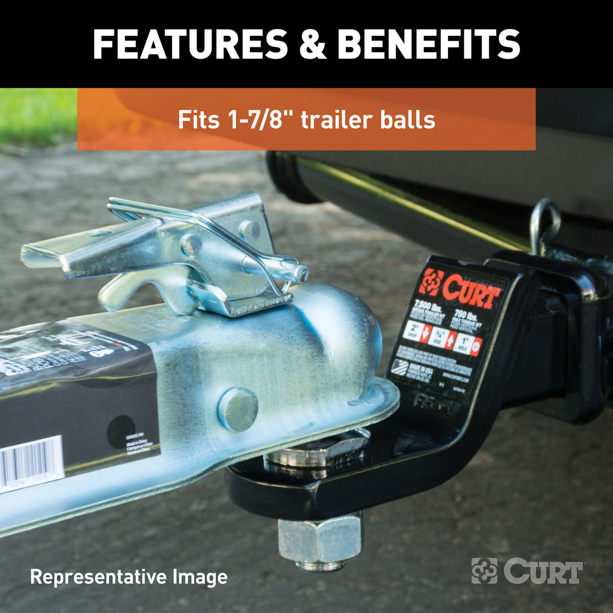 CURT 25105 Straight Tongue Trailer Coupler for 2-1/2-Inch Channel, 1-7/8-In Hitch Ball, 2,000 lbs