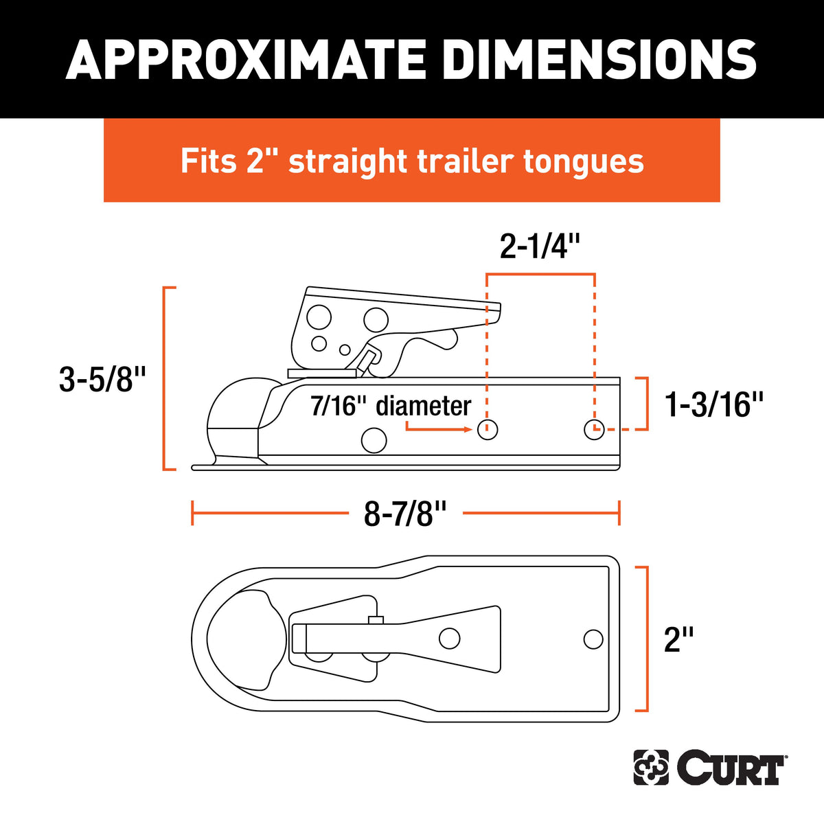CURT 25128 Straight Tongue Trailer Coupler for 2-Inch Channel, 1-7/8-In Hitch Ball, 2,000 lbs