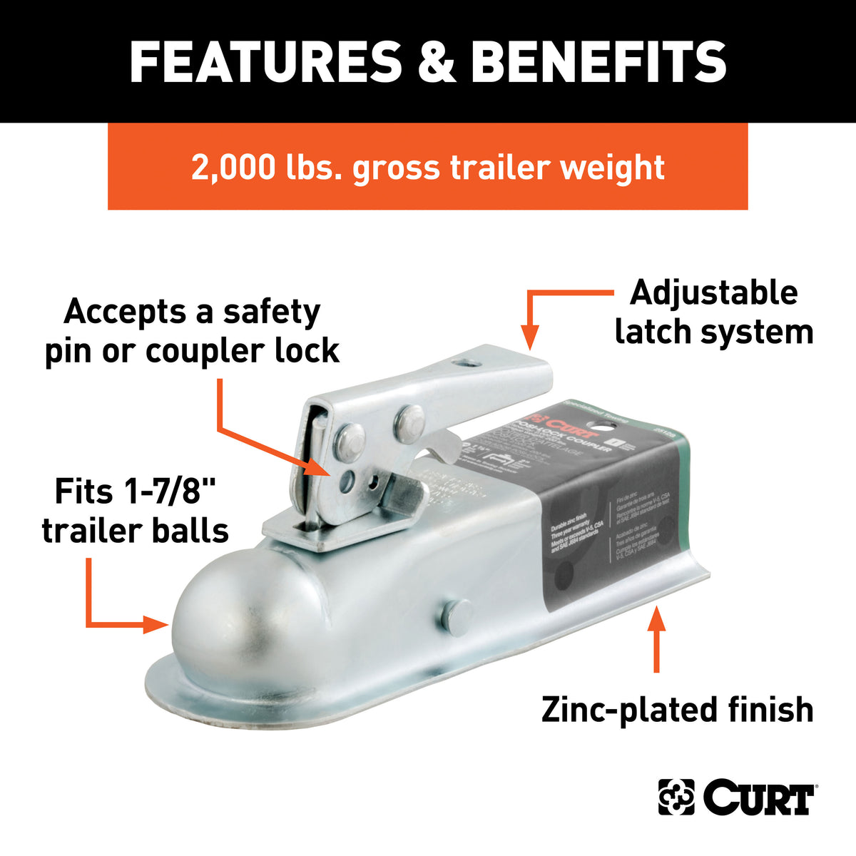 CURT 25128 Straight Tongue Trailer Coupler for 2-Inch Channel, 1-7/8-In Hitch Ball, 2,000 lbs