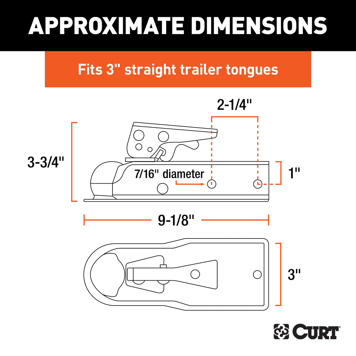 CURT 25131 Straight Tongue Trailer Coupler for 3-Inch Channel, 1-7/8-In Hitch Ball, 2,000 lbs