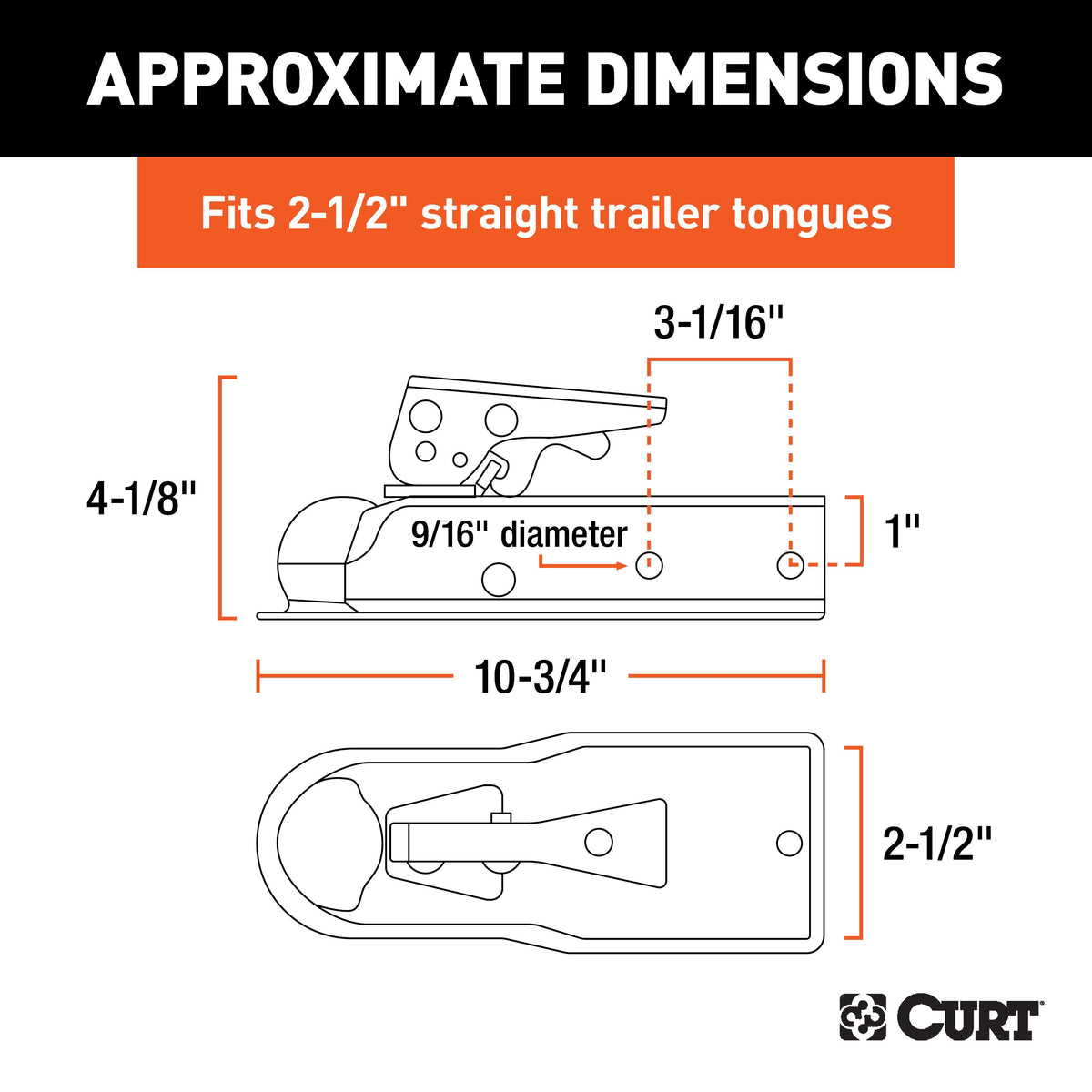 CURT 25135 Straight Tongue Trailer Coupler for 2-1/2-Inch Channel, 2-In Hitch Ball, 3,500 lbs