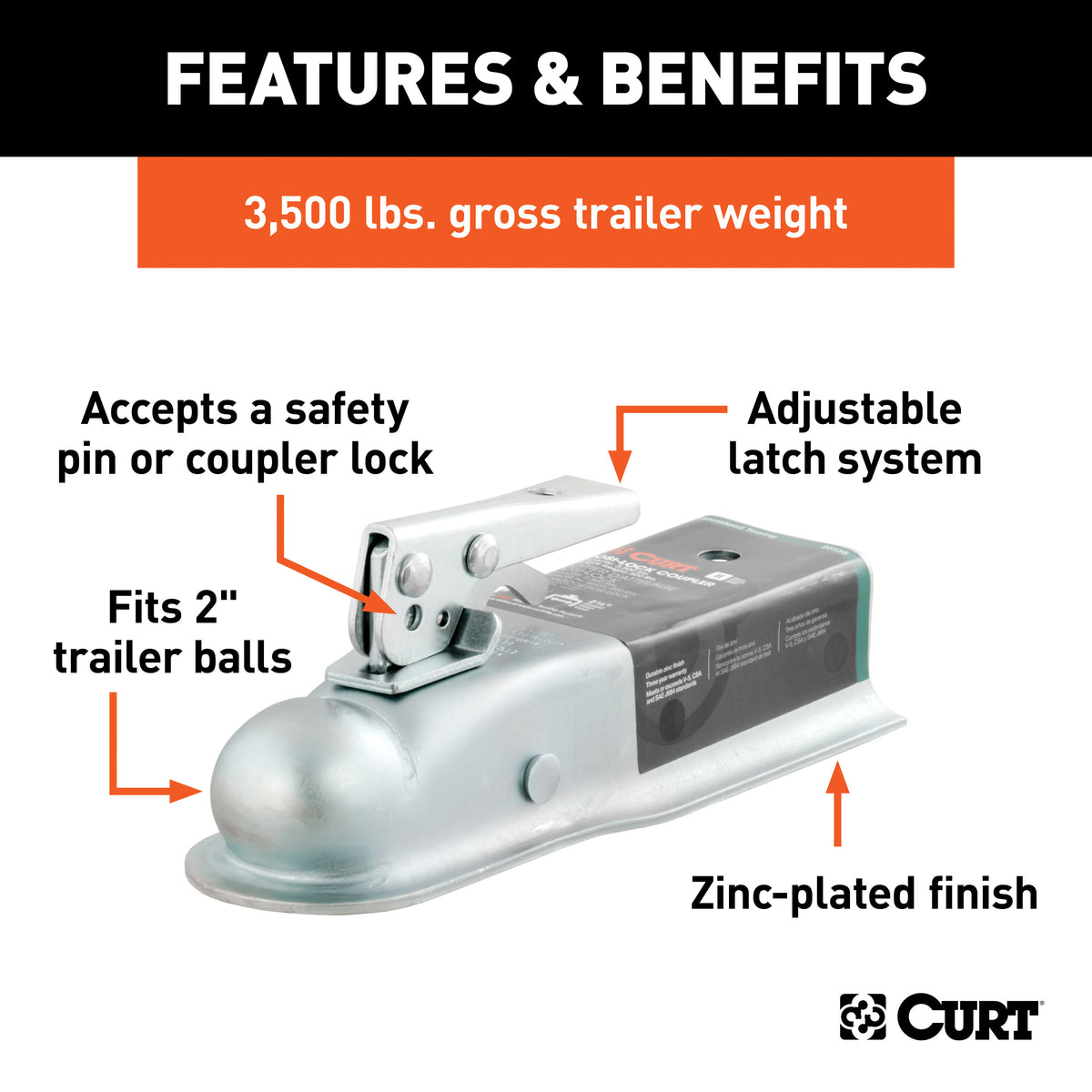 CURT 25135 Straight Tongue Trailer Coupler for 2-1/2-Inch Channel, 2-In Hitch Ball, 3,500 lbs