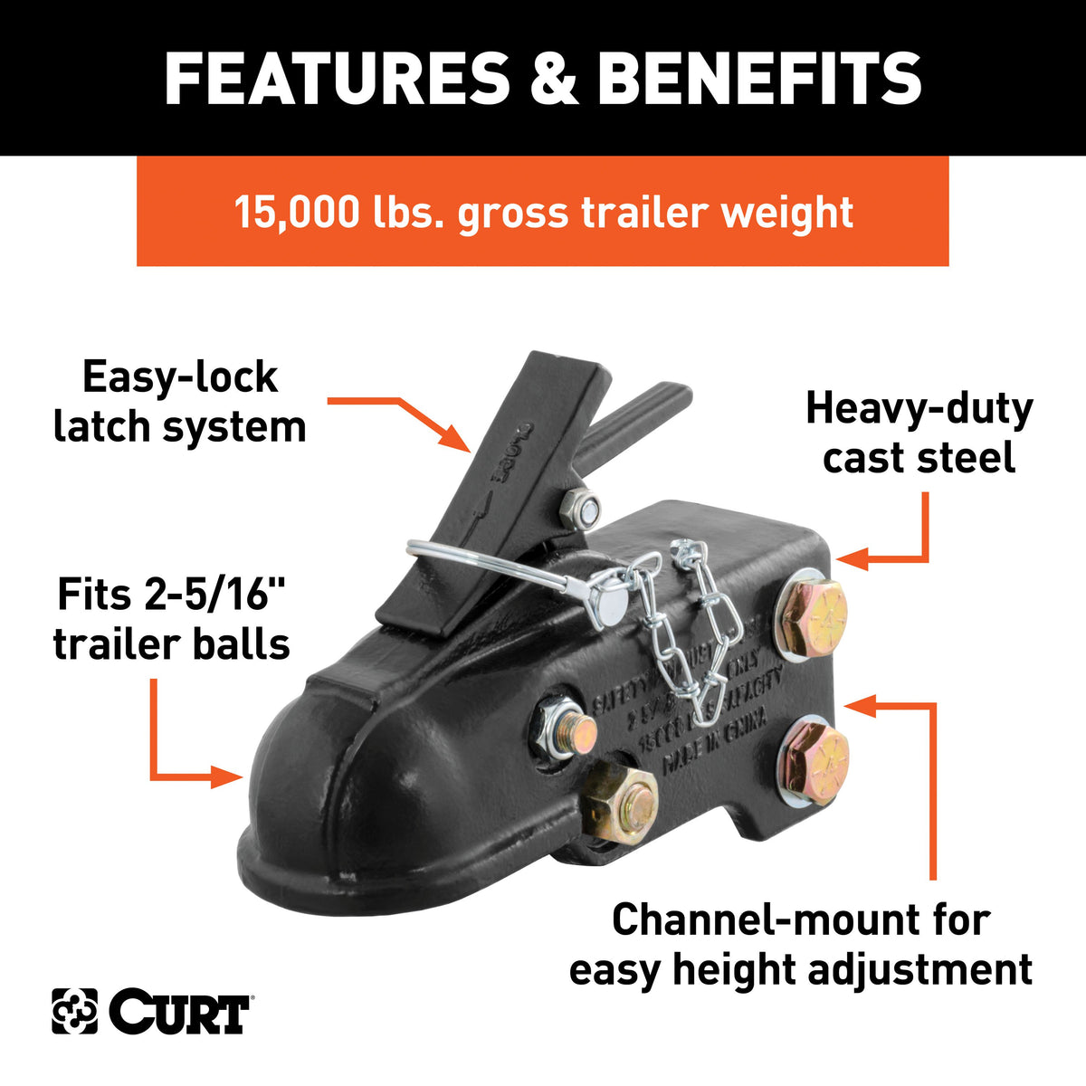 CURT 25328 Channel-Mount Adjustable Trailer Coupler, 2-5/16-Inch Hitch Ball, 15,000 lbs