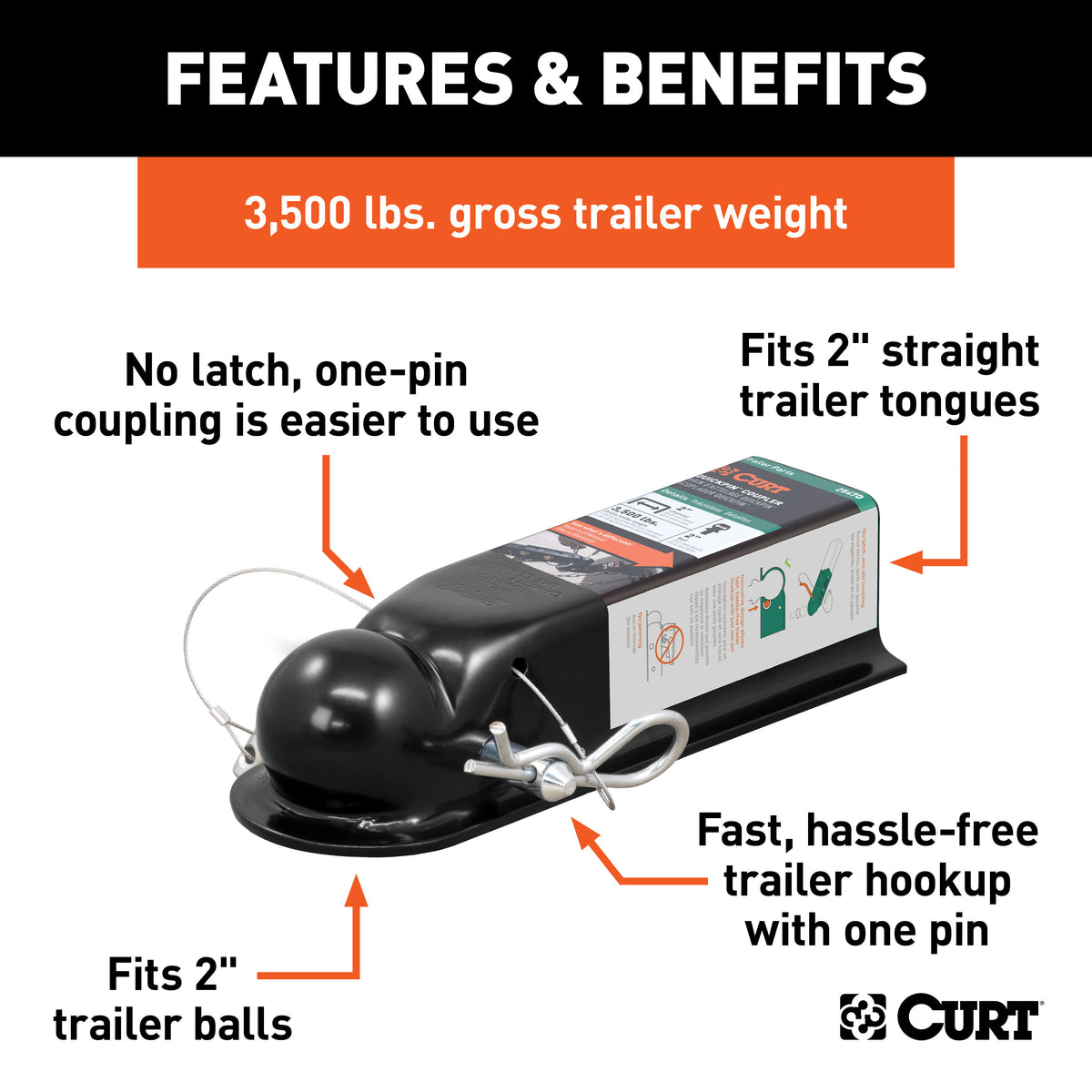 CURT 25470 QuickPin No-Latch Trailer Coupler for 2-Inch Hitch Ball, 2-In Channel, 3,500 lbs