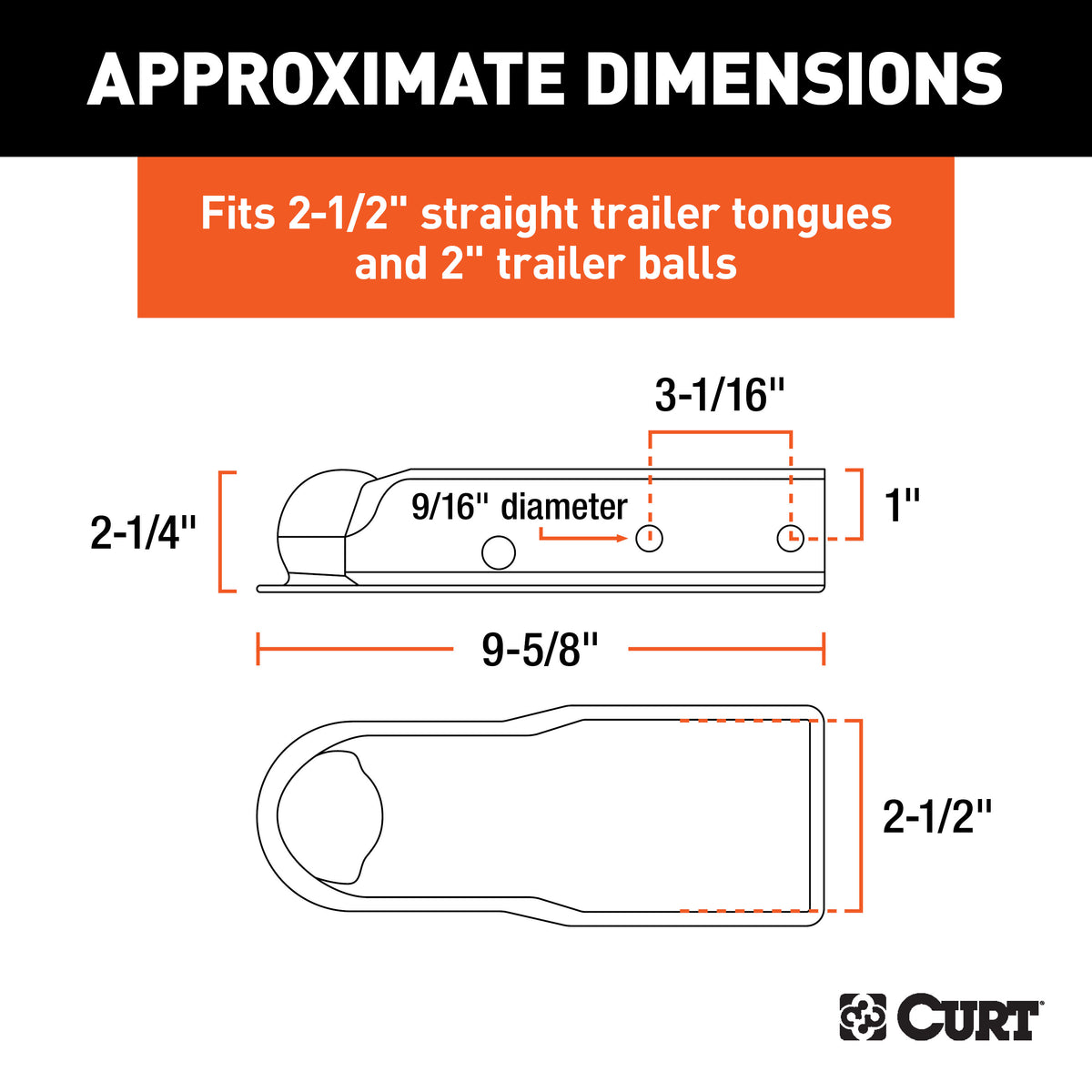CURT 25471 QuickPin No-Latch Trailer Coupler for 2-Inch Hitch Ball, 2-1/2-In Channel, 3,500 lbs