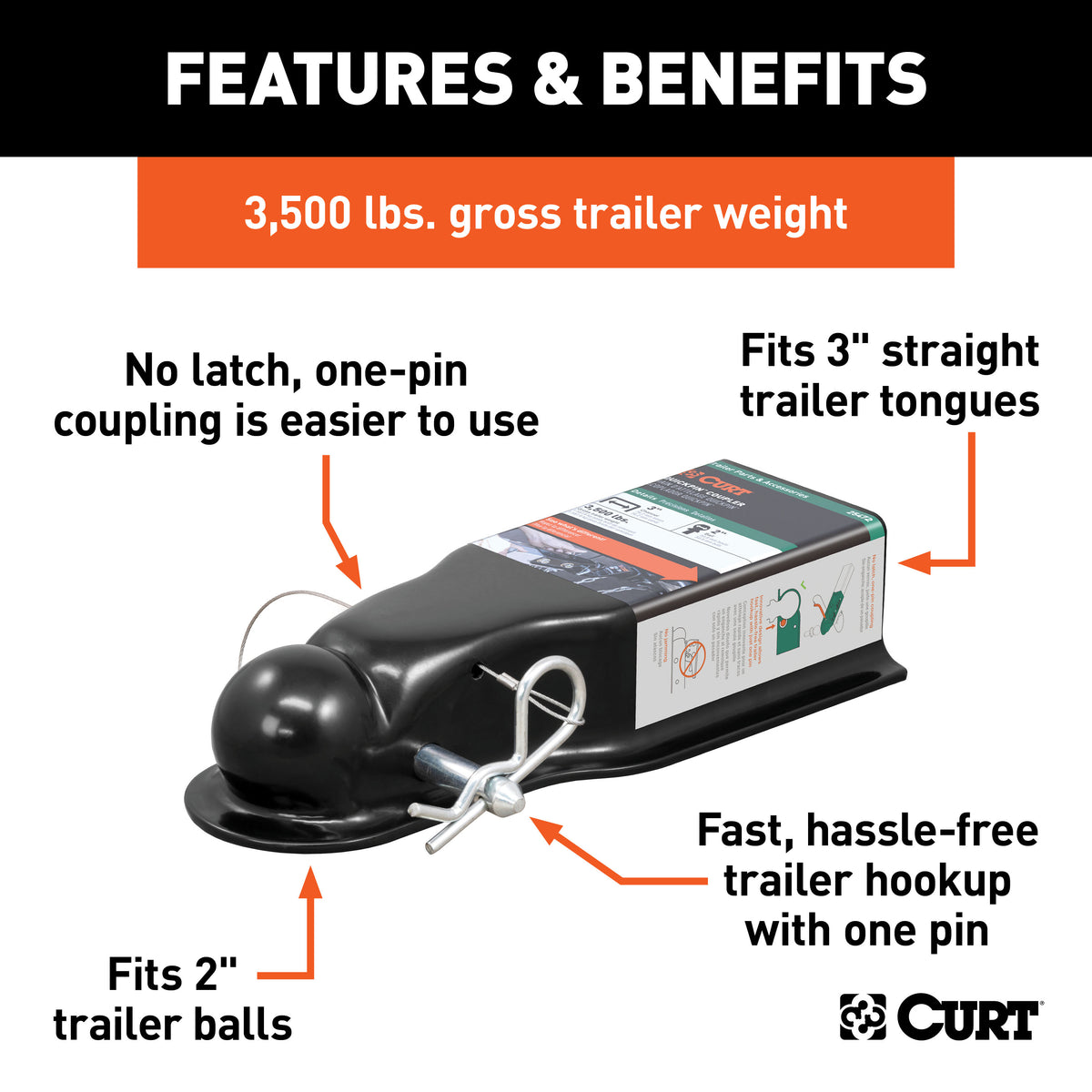 CURT 25472 QuickPin No-Latch Trailer Coupler for 2-Inch Hitch Ball, 3-In Channel, 3,500 lbs