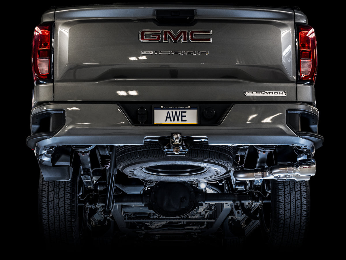 AWE Tuning 4th Gen GM 1500 5.3L 0FG Catback Dual Side Exit (Flat Bumper) - Chrome Tips - 3015-22207