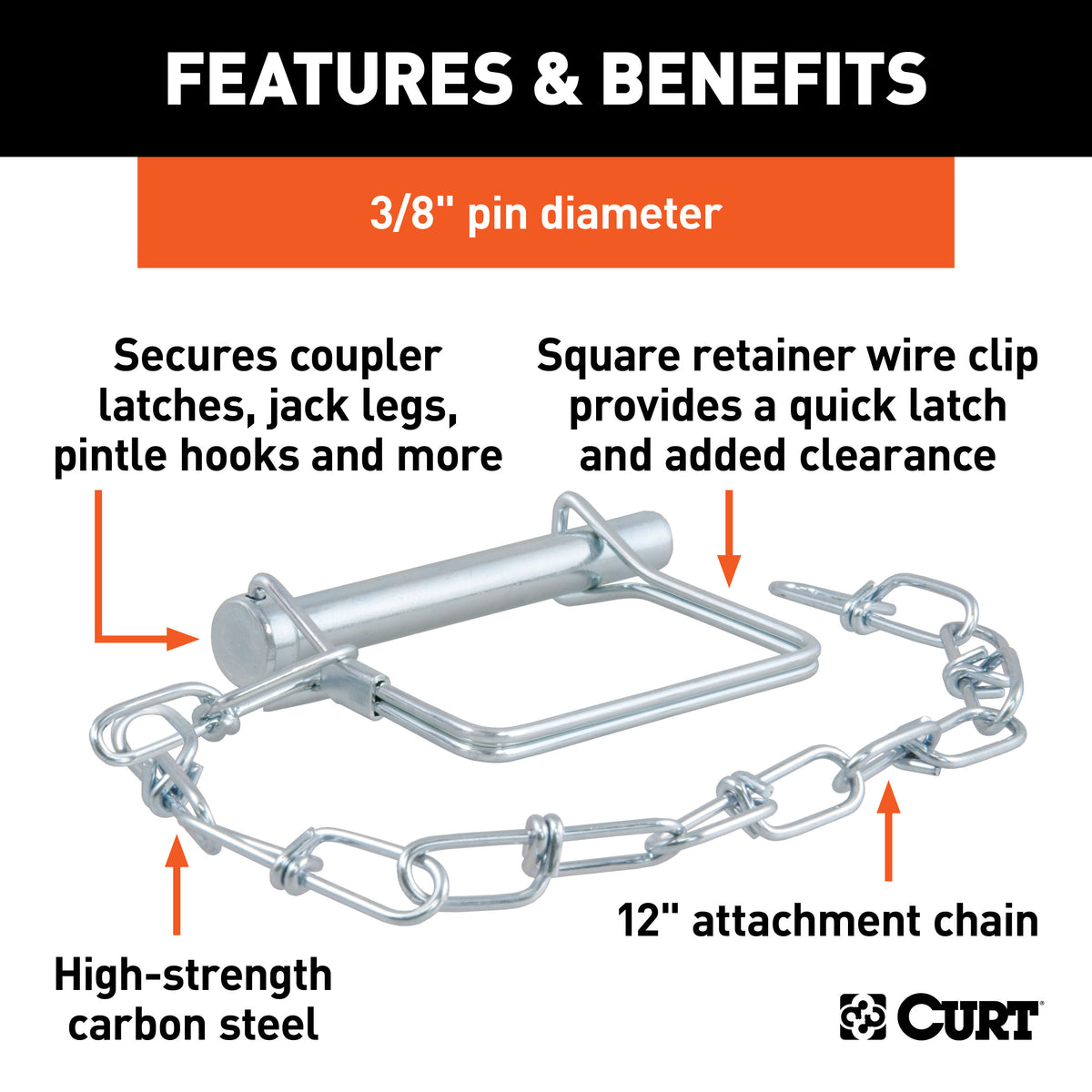 CURT 28000 Trailer Coupler Pin with 12-Inch Chain, 3/8-Inch Diameter x 2-3/4-Inch Long