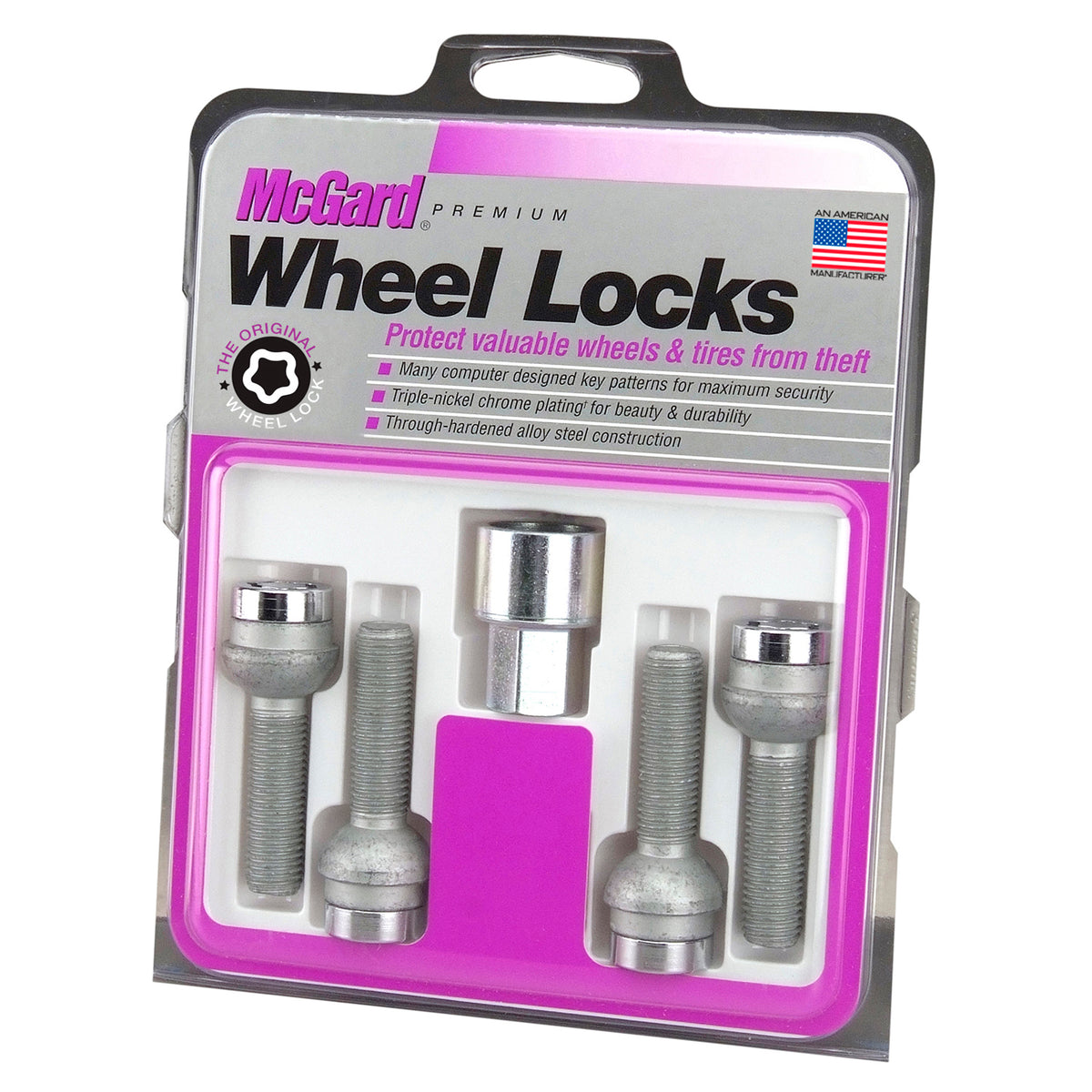 McGard Wheel Lock Bolt Set - 4pk. (Radius Seat) M14X1.5 / 17mm Hex / 26.7mm Shank Length - Chrome - 28018