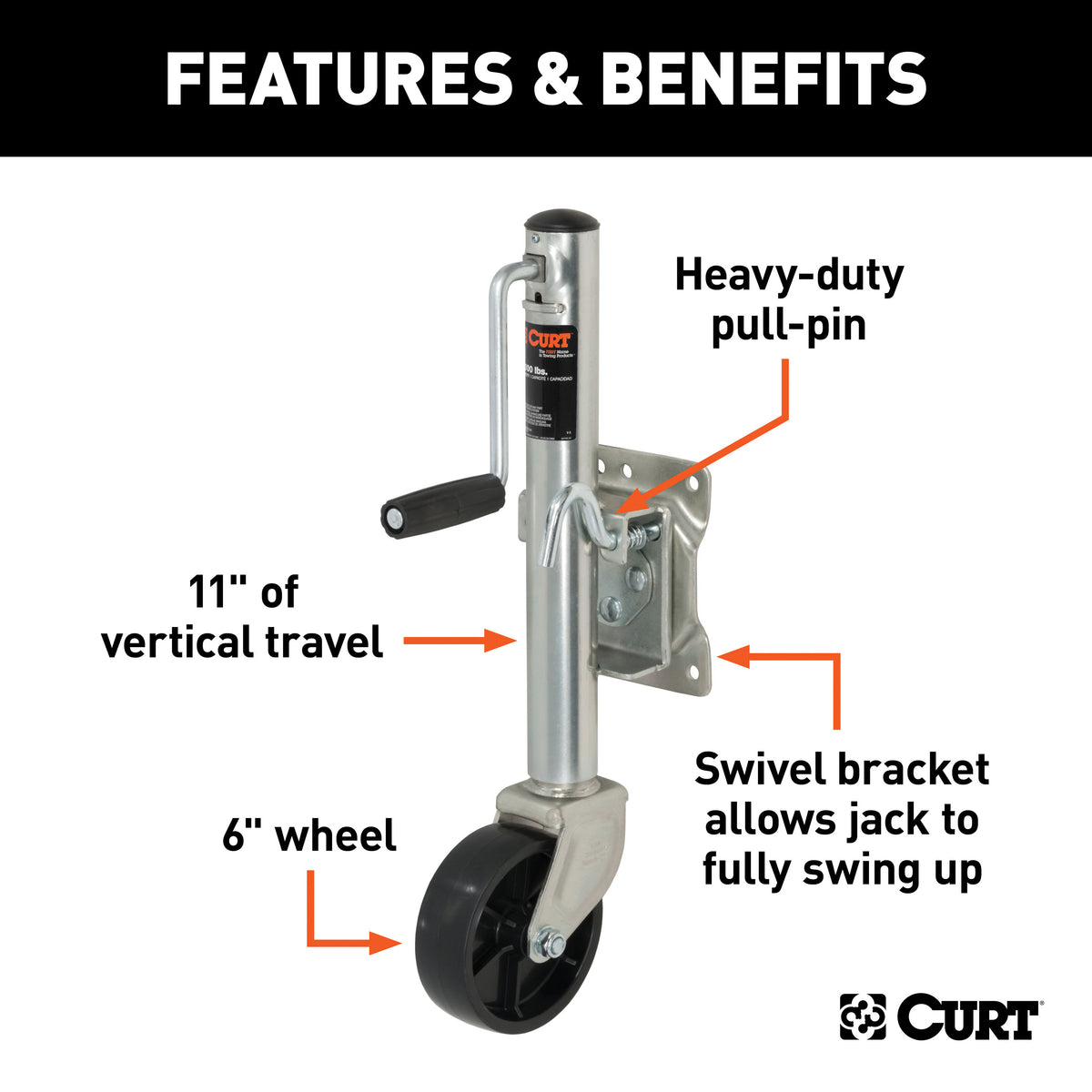 CURT 28112 Marine Boat Trailer Jack with 6-Inch Wheel, 1,200 lbs. Support Capacity, 11 Inches Vertical Travel