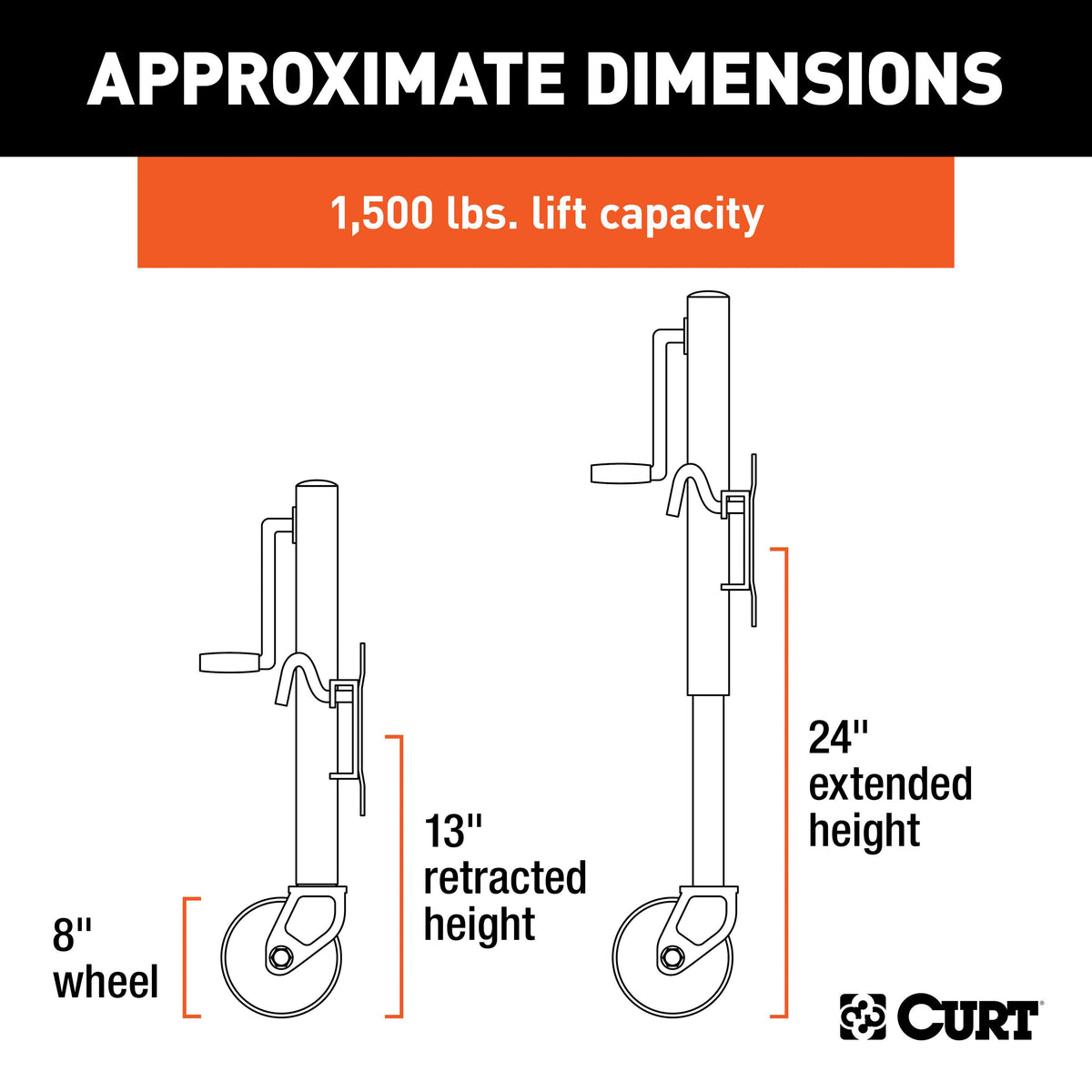 CURT 28115 Marine Boat Trailer Jack with 8-Inch Wheel, 1,500 lbs. Support Capacity, 11 Inches Vertical Travel
