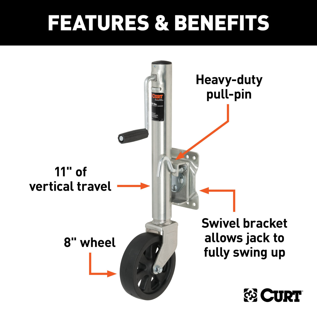 CURT 28115 Marine Boat Trailer Jack with 8-Inch Wheel, 1,500 lbs. Support Capacity, 11 Inches Vertical Travel