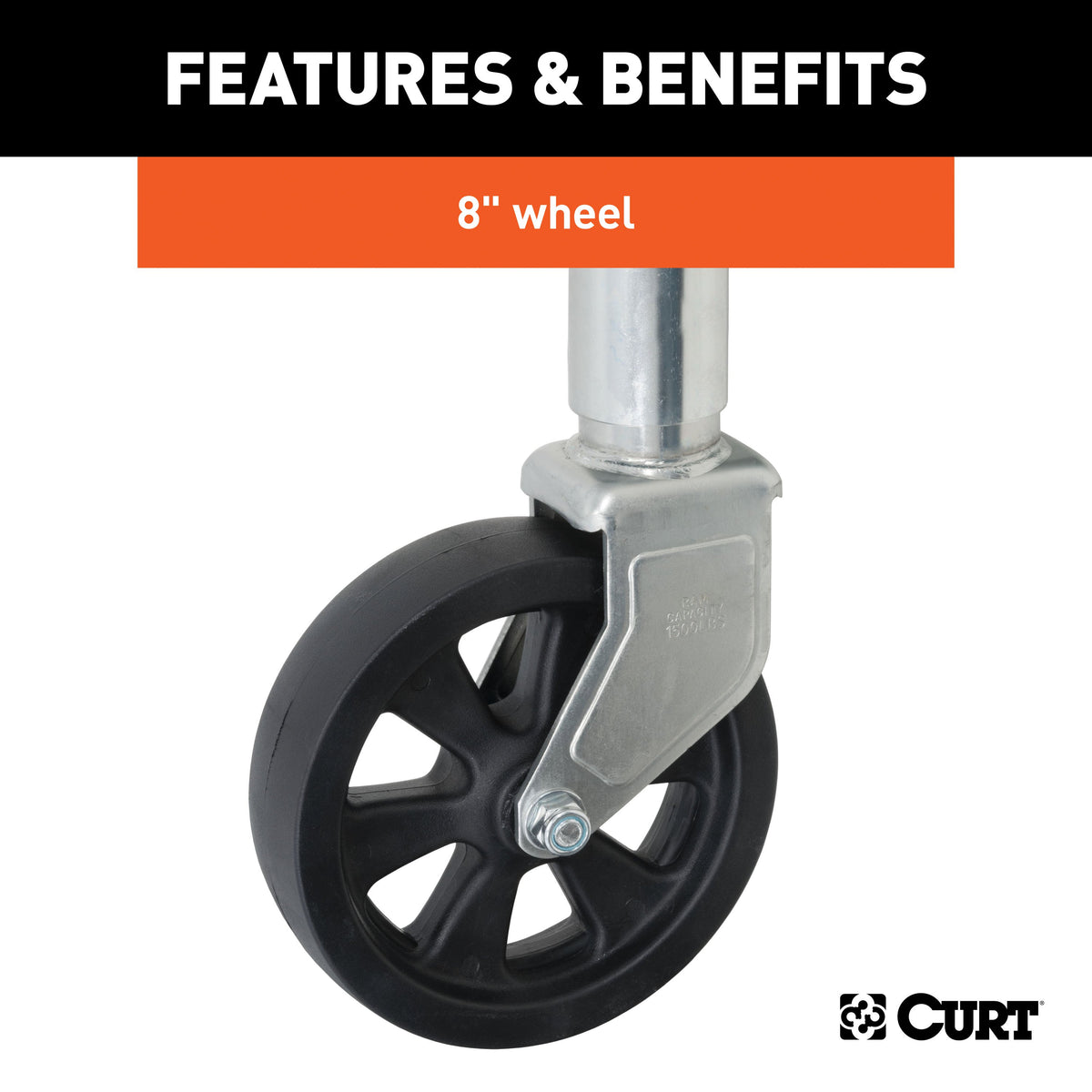 CURT 28115 Marine Boat Trailer Jack with 8-Inch Wheel, 1,500 lbs. Support Capacity, 11 Inches Vertical Travel