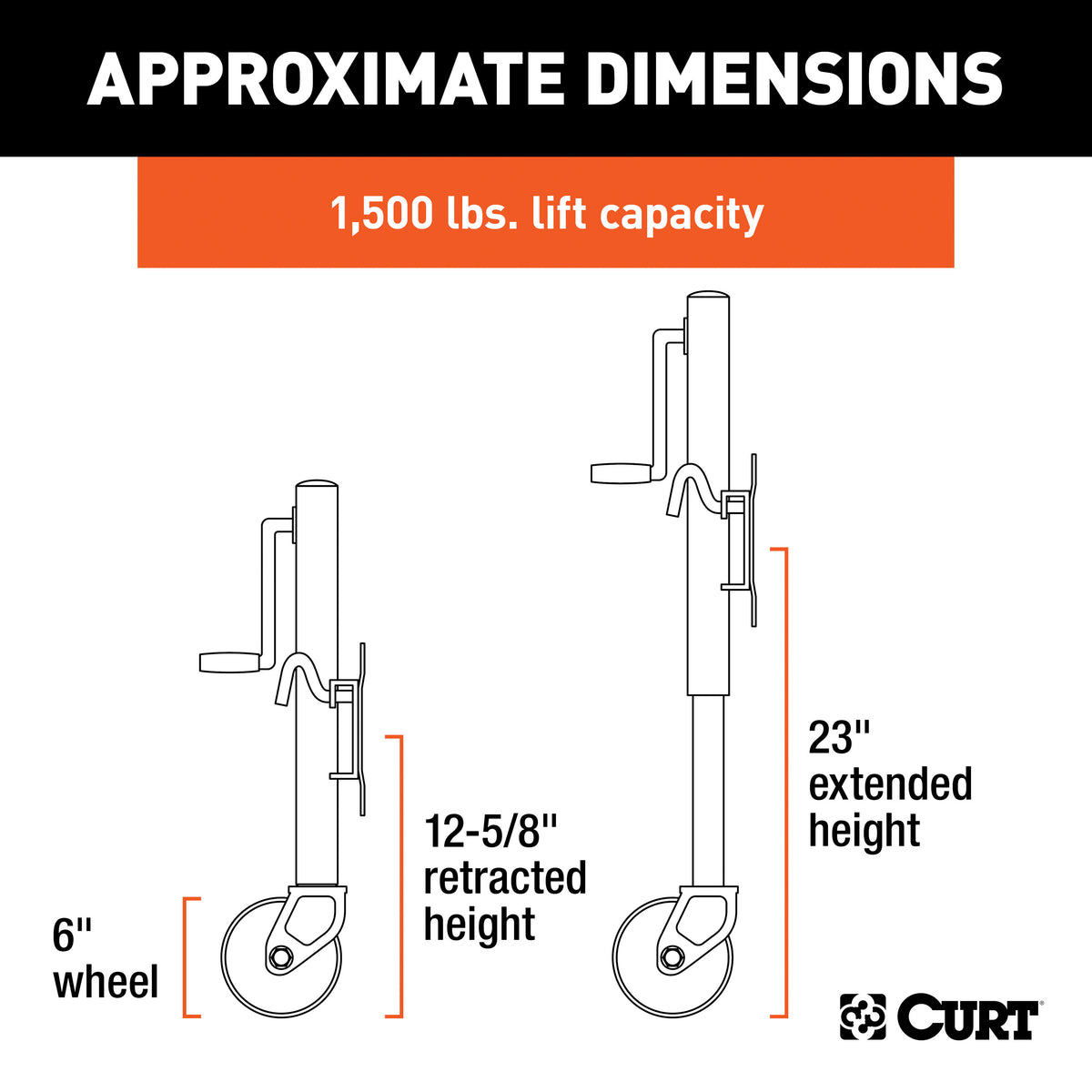 CURT 28155 Marine Boat Trailer Jack with 6-Inch Wheels, 1,500 lbs. Support Capacity, 10-3/8 Inches Vertical Travel