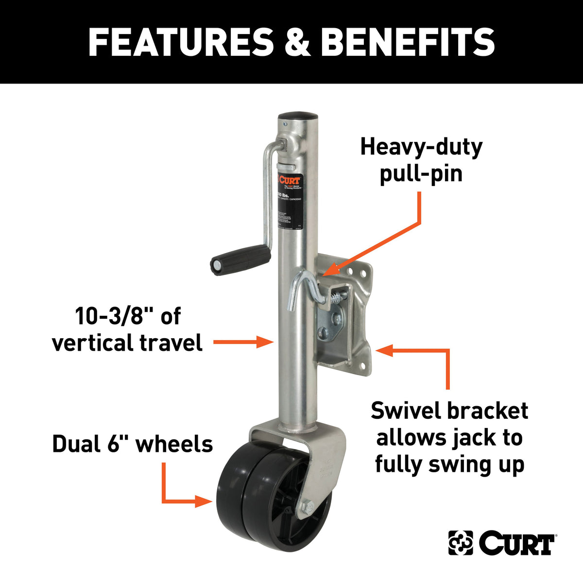 CURT 28155 Marine Boat Trailer Jack with 6-Inch Wheels, 1,500 lbs. Support Capacity, 10-3/8 Inches Vertical Travel