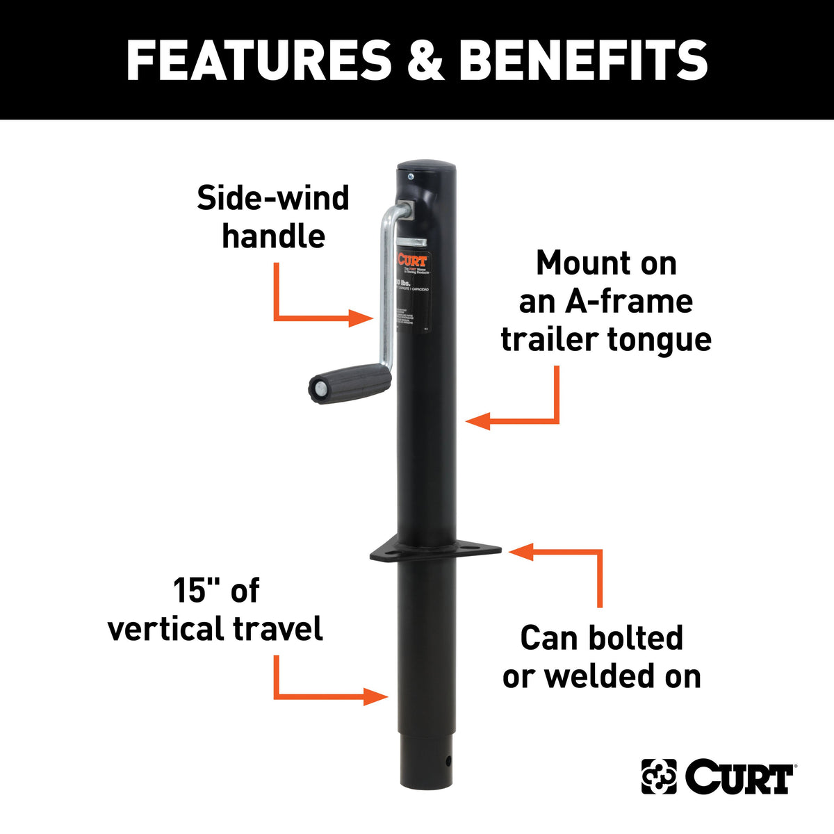CURT 28204 A-Frame Trailer Jack, 3,000 lbs. Support Capacity, 15 Inches Vertical Travel