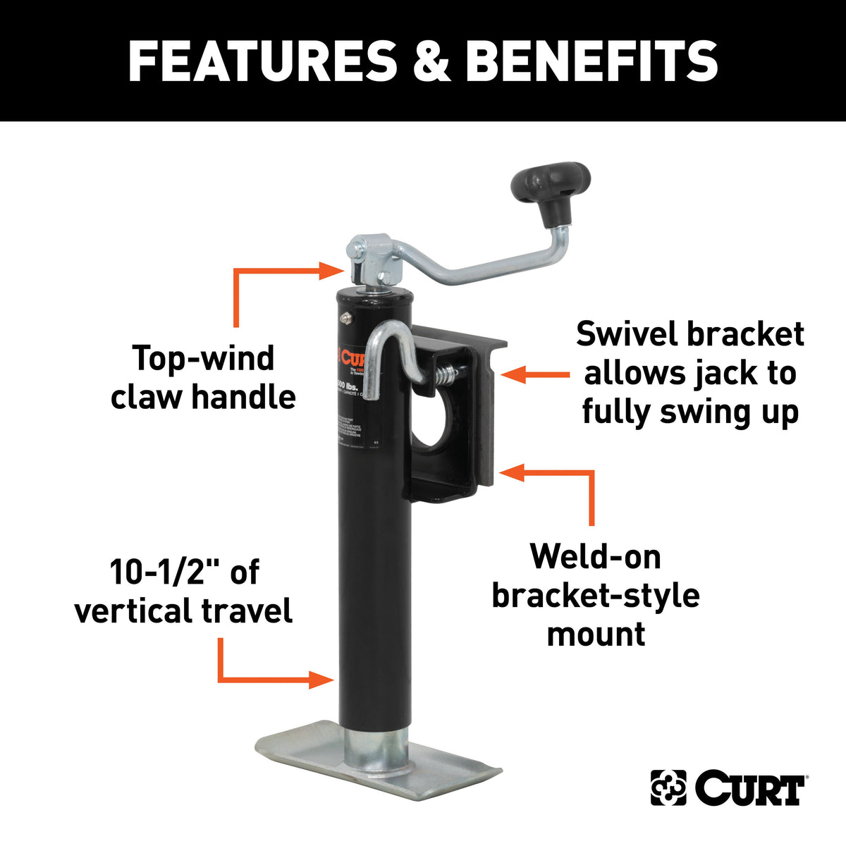 CURT 28300 Weld-On Bracket-Style Swivel Trailer Jack, 3,000 lbs. Support Capacity, 10-1/2 Inches Vertical Travel